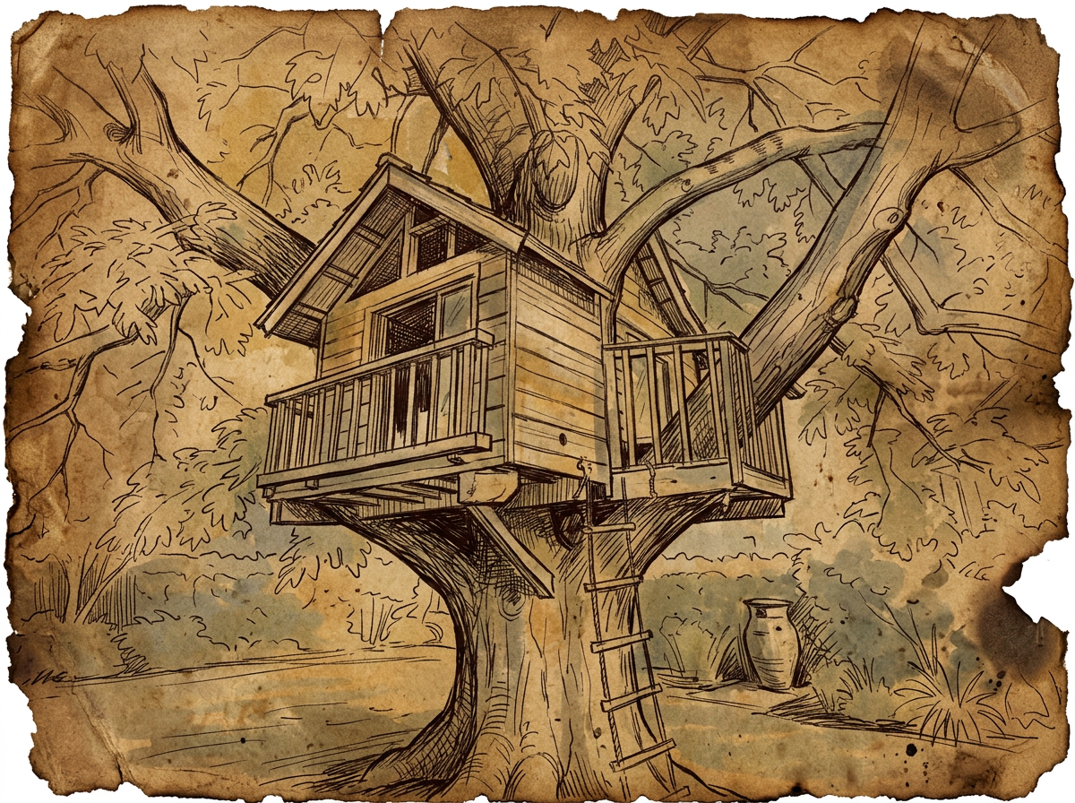 A treehouse redrawn by hand on old treasure-map parchment