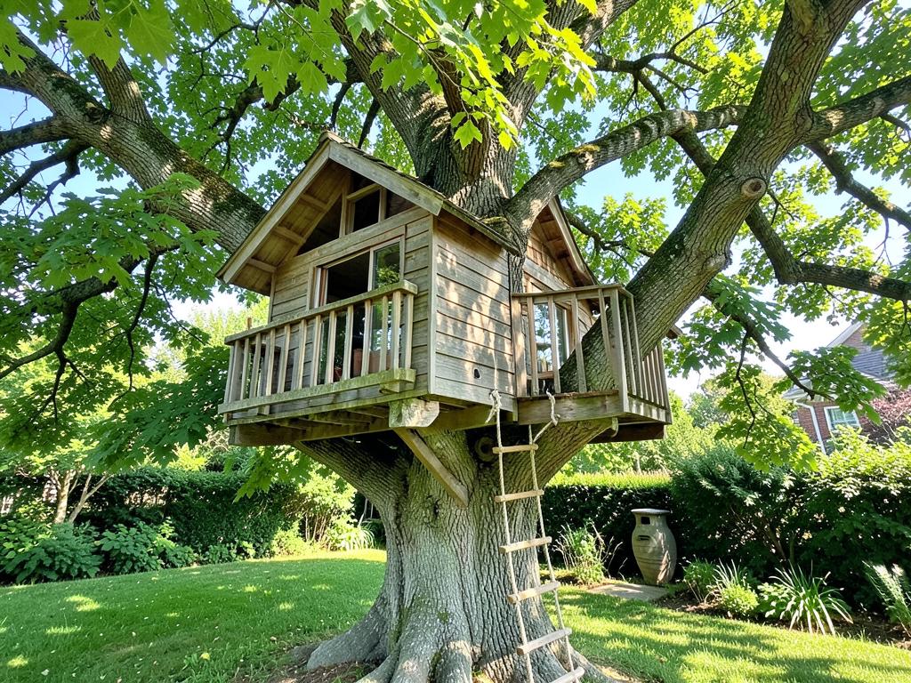 A wooden treehouse in a garden tree